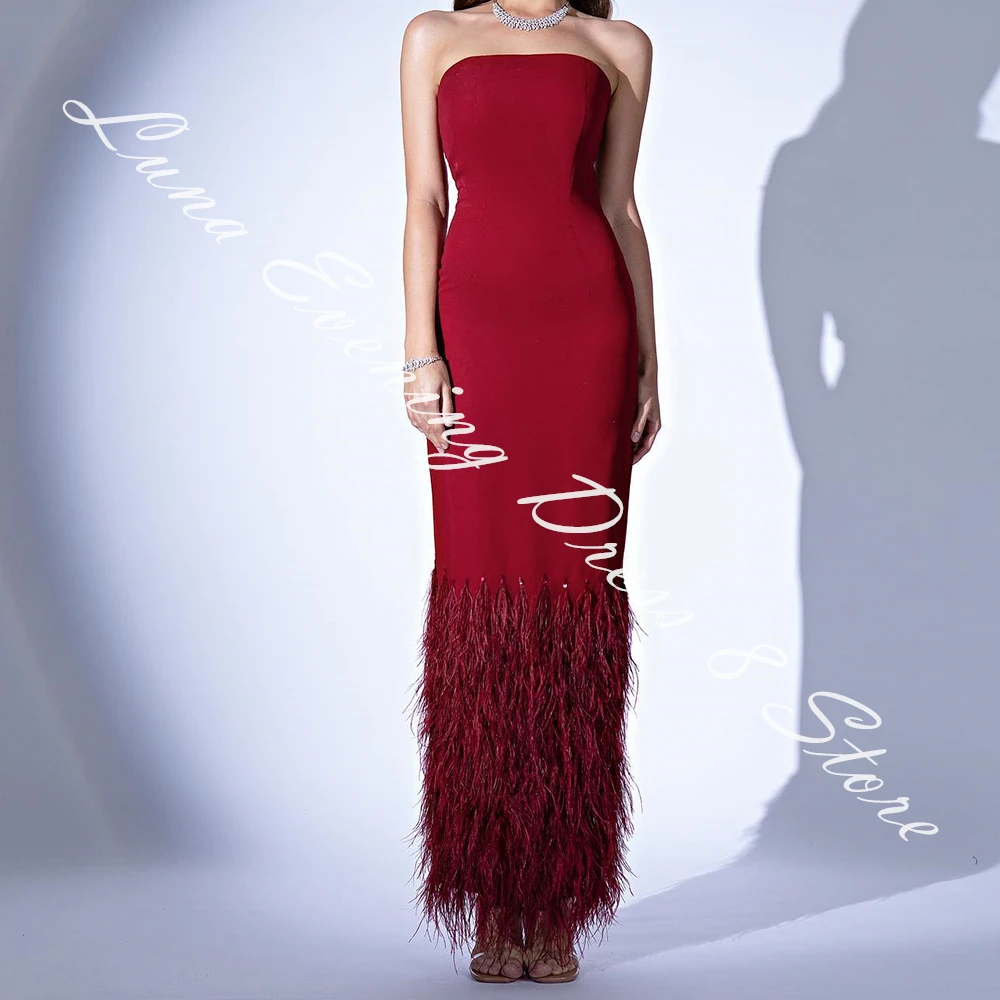 Customized Modern Jersey Straight Feathers Evening Dress Strapless Burgundy Sleeveless Floor Length Bespoke Occasion Gowns