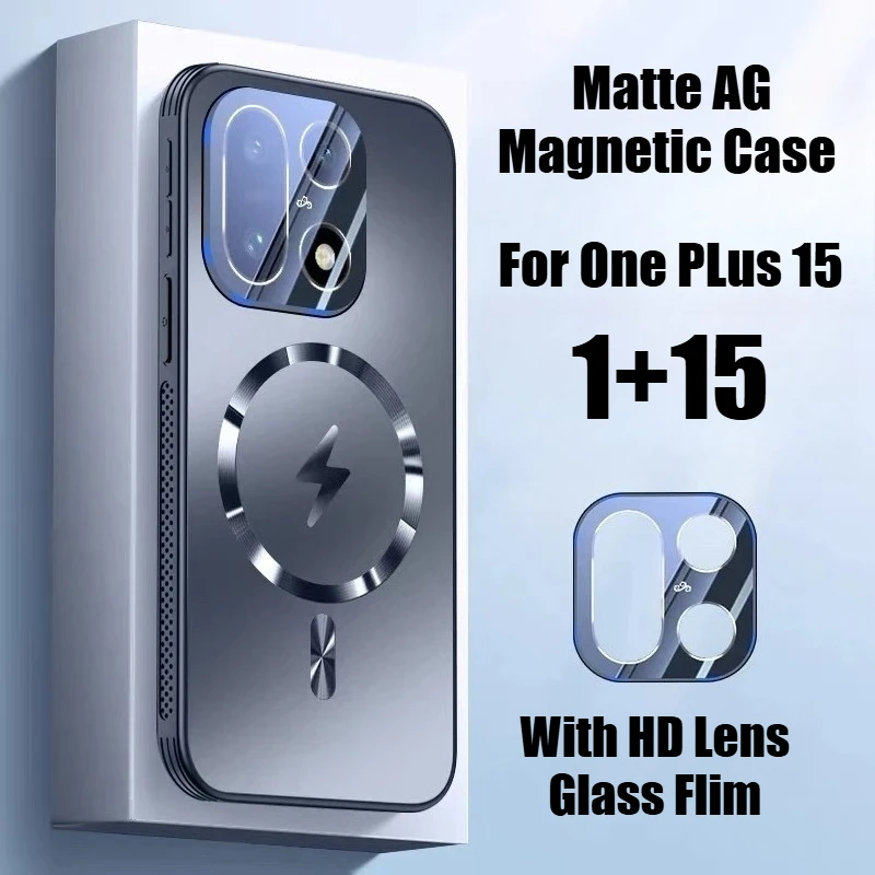 Luxuriöse matte AG-Magnethülle für Oneplus 15, kabellose Laderandkühlung mit Objektiv, gehärtetes Glas, vollständige Schutzabdeckung