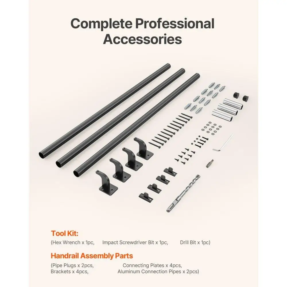 12ft Black Aluminum Wall Mounted Stair Handrail Indoor Outdoor Railing Safety Support