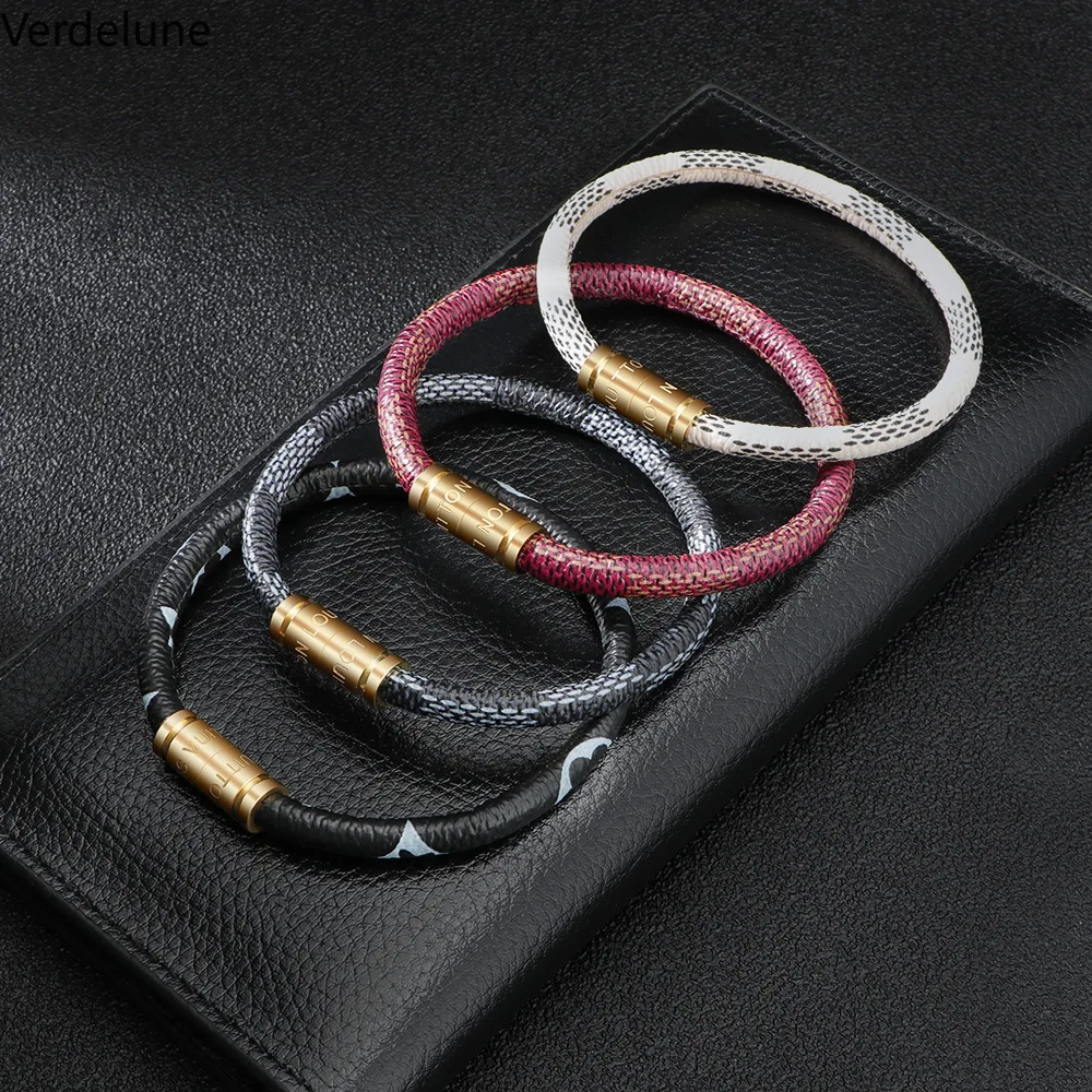 

Titanium steel engraved old floral cowhide rope bracelet stainless steel magnetic buckle unisex couple's wristband