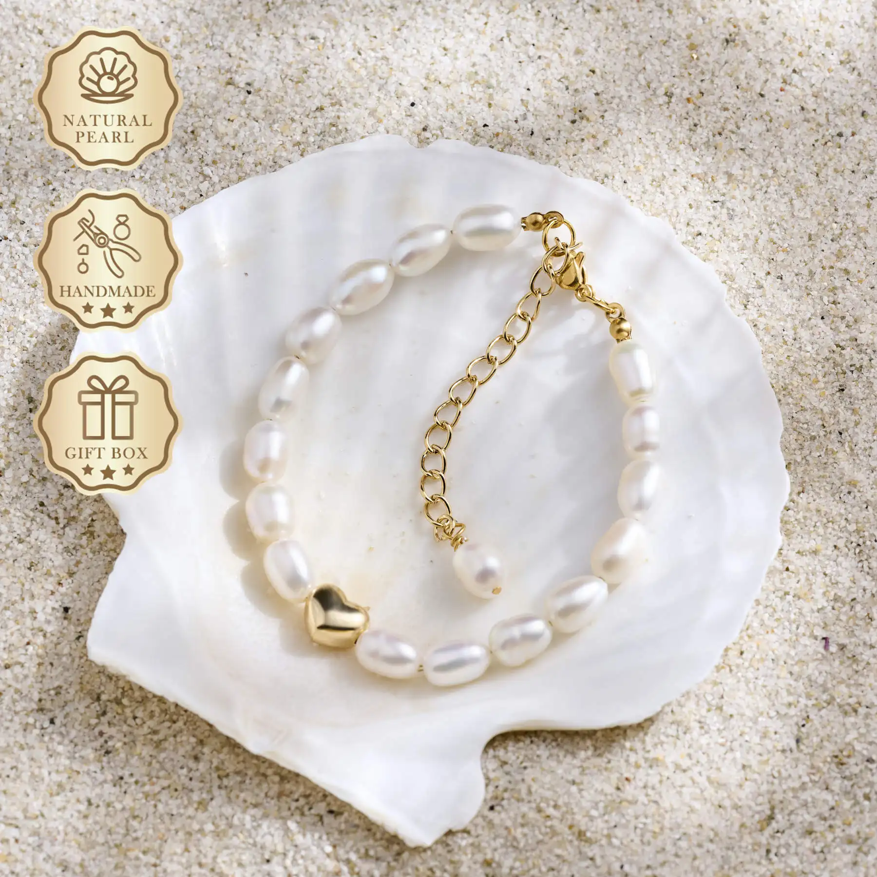 

MYSOYA White Rice Freshwater Pearl Bracelet 6–7mm with Heart Clasp, Gift Box, Ideal Birthday & Anniversary Gift