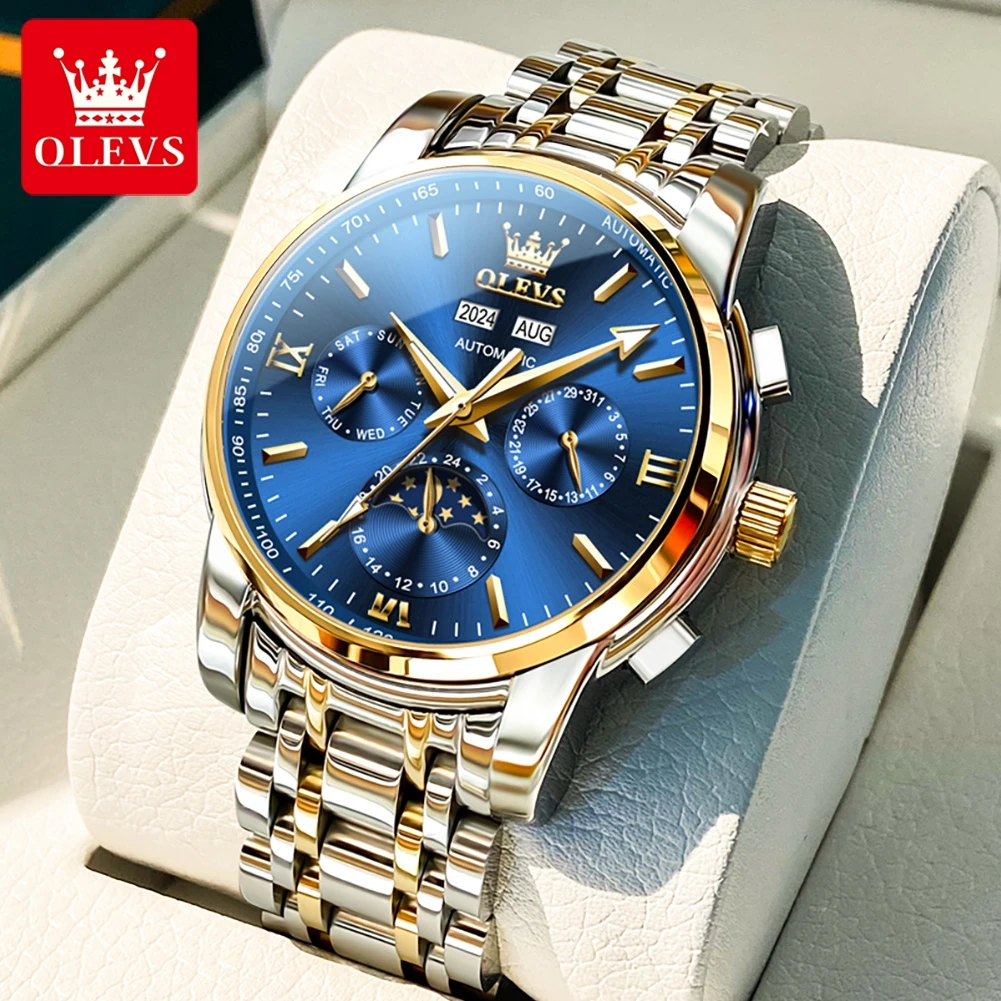 OLEVS 6633 Multi functional Men Watch Auto Date Moon phase Watches Stainless steel High end Automatic Mechanical Men's Watch