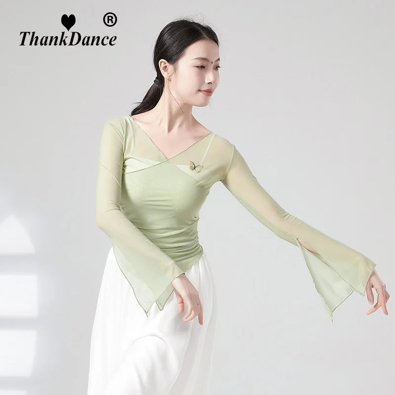 클래식 댄스 셔츠 바디 라임 의상 여성 흐르는 중국풍 요정 기본 트레이닝 탑 모던 댄스 블라우스 여성