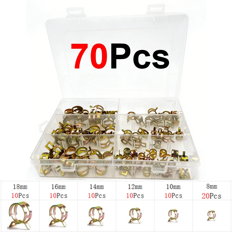 70Pcs 8mm/10mm/12mm/14mm/16mm  /18mm Fuel Spring Clip Vacuum Silicon Hose Clamp Autos Spring Clip Fuel Oil Water Tube Clamp