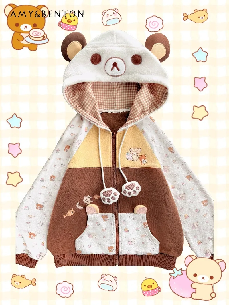 

Японская кавайная куртка с капюшоном и медвежьими ушками, женская зимняя плюшевая теплая свободная милая повседневная куртка с мультяшным принтом для студентов