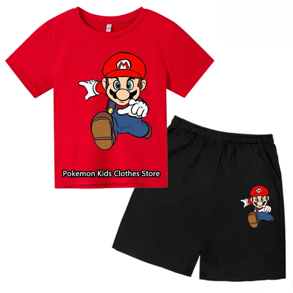 Conjunto de ropa de dibujos animados para niños y niñas, camiseta y pantalones cortos, Super Mario, 2 piezas