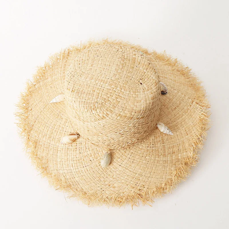 New Women Ocean Style Sunmer Hat Young Gir Fringed Wide Brim Beach Hat Big Sea Snail Trimmed Boater Sraw Hat Derby Travel Hat