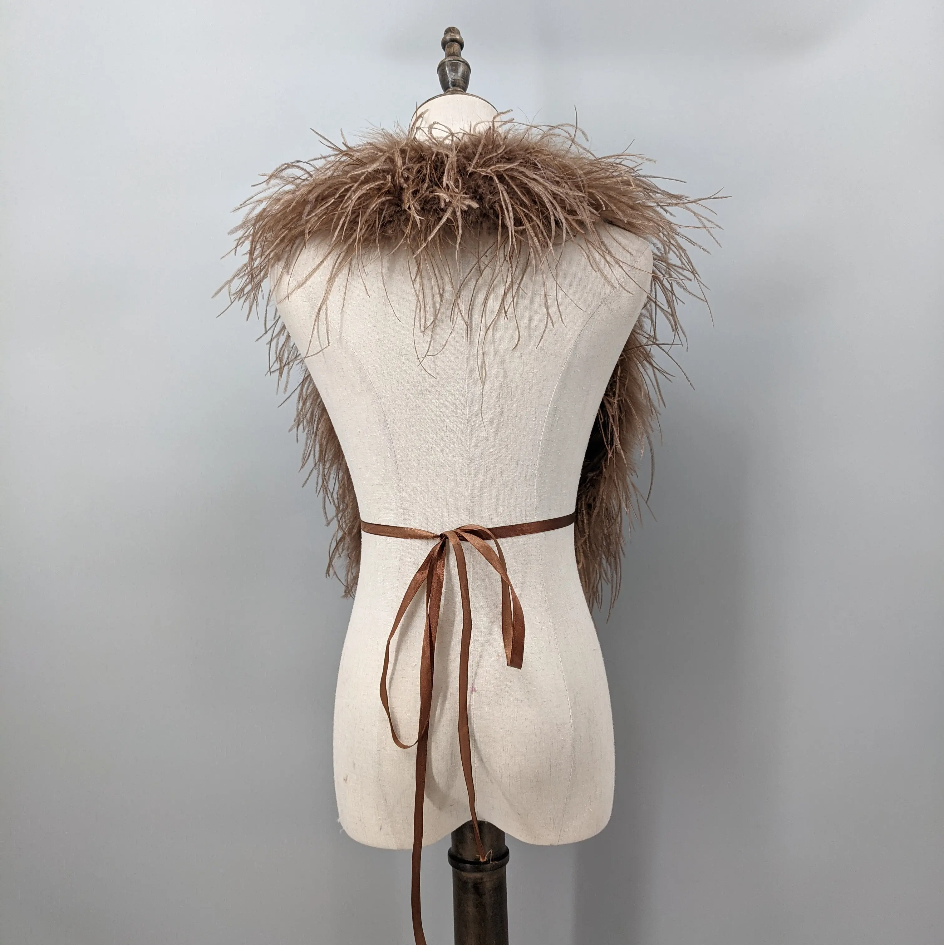 Women Brown Real Ostrich Feather Vest Backless Tie Waist Sleeveless Top Y2K Festival Party Fur Waistcoat 25A0540