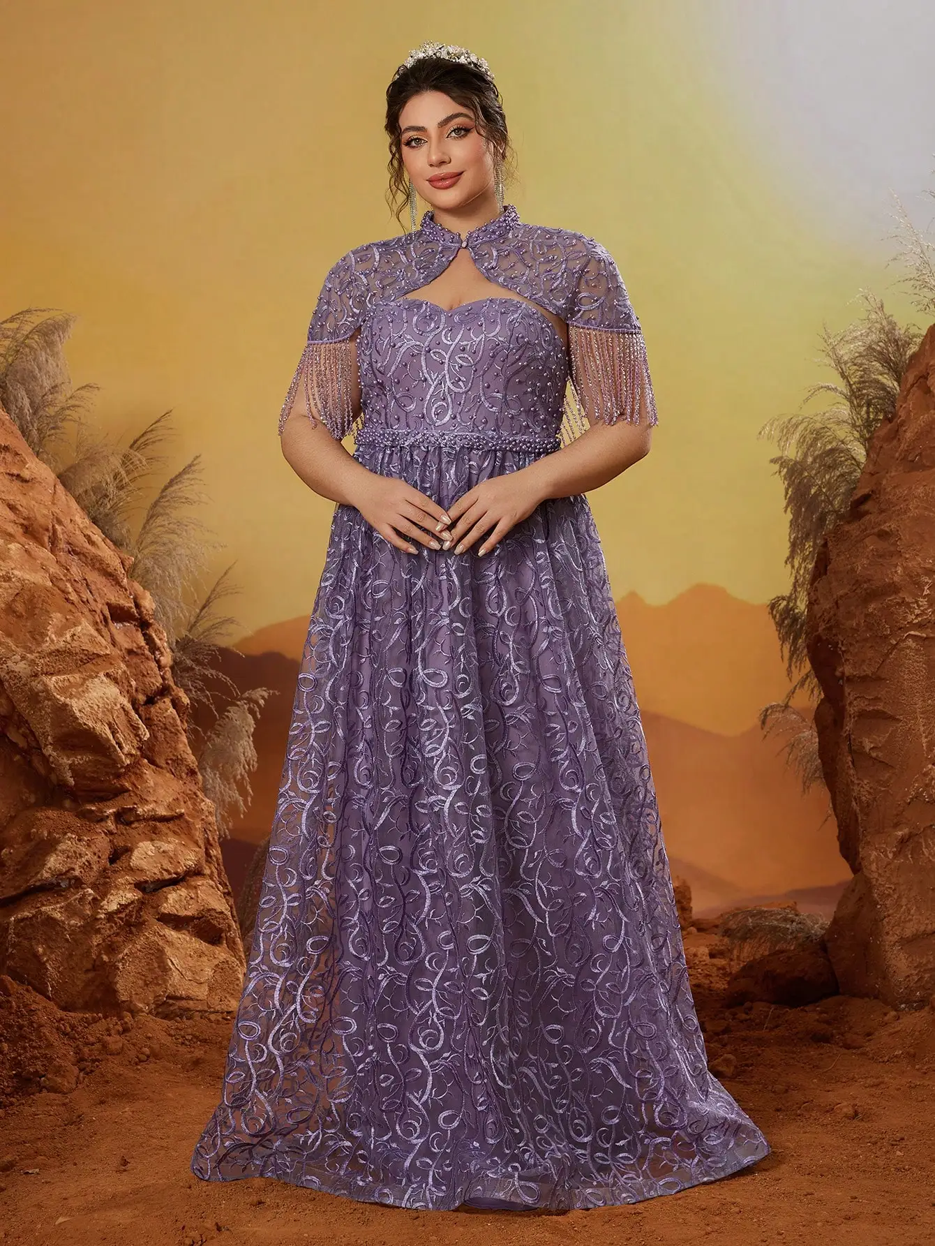 Conjunto de dos piezas de encaje bordado sin mangas Anpokt con adornos de diamantes de imitación y adornos de bolas abullonadas, adecuado para eveni