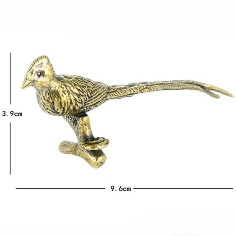 Antique Finish Solid Brass Long-tailed Pheasant Sculpture Tea Pet Desk Ornament Vintage Copper Animal Art Collection Unique Gift