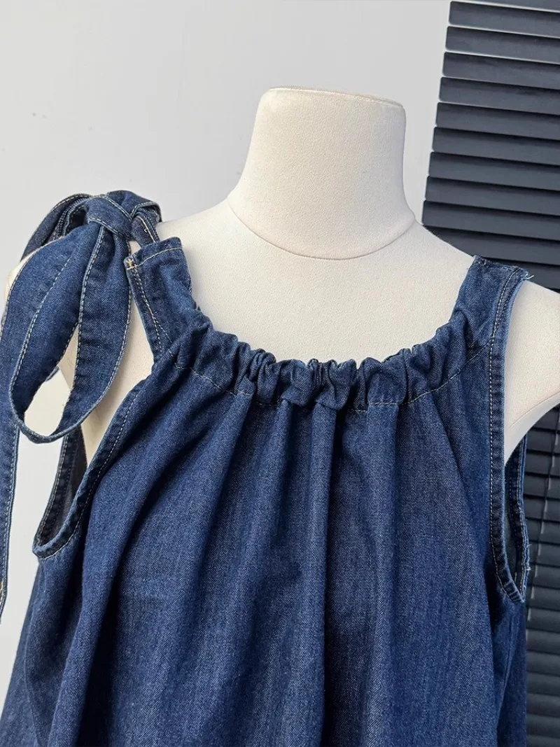 O Neck Bandage Bowknot Vest Denim Top Shirt Suit+high Waist Wide Leg Loose Shorts Outfits Y2k Vintage Summer Set Women 2 Pieces