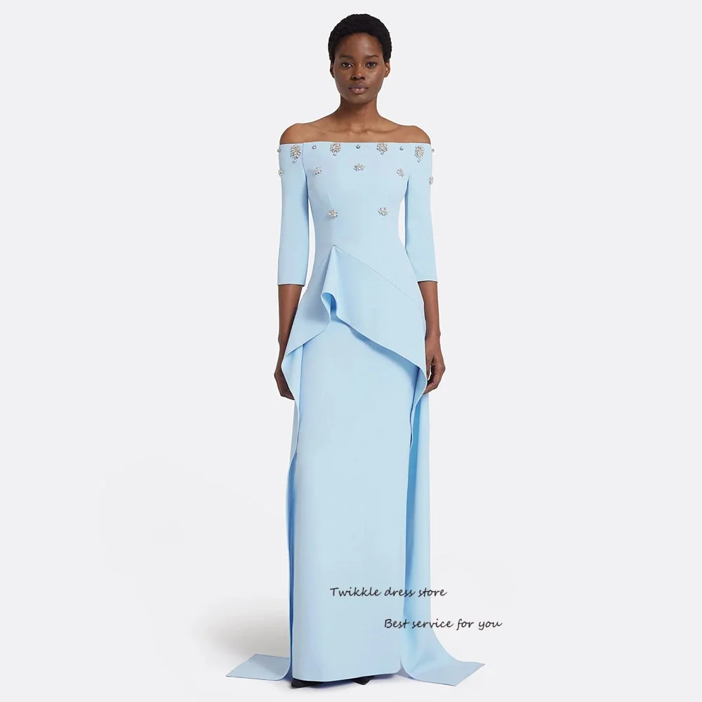 Sky Blue Crepe Evening Dresses With Crystal Embellished Asymmetrical Trim Boat Neck Formal Prom Dress For Women Customized