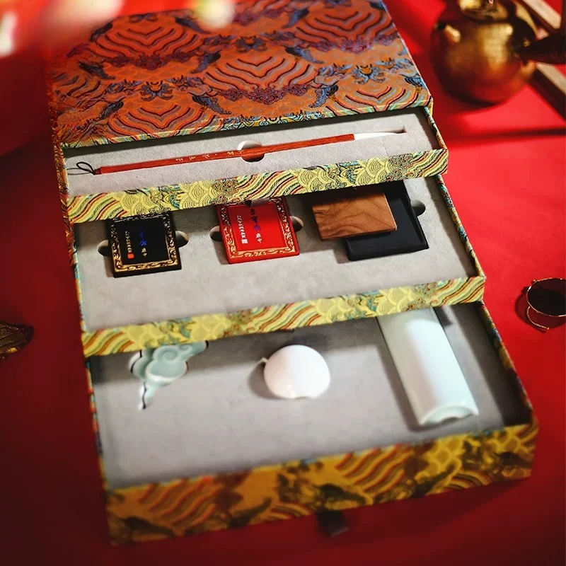 Study set, court gift box, study four treasures, calligraphy, Chinese painting, brush, ink ingot, inkstone pen holder, ruler, in