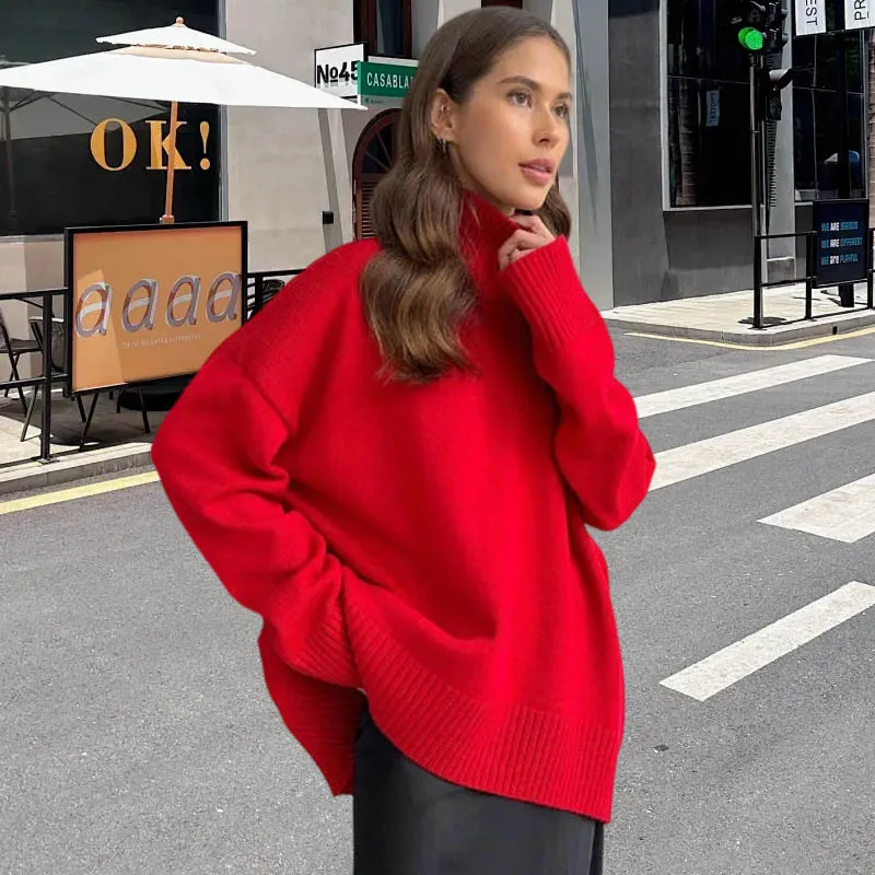 الخريف المرأة محبوك سترة كبيرة الحجم عالية الياقة الأصفر خمر البلوز لينة شتاء دافئ Vintage البلوزات الحمراء للنساء