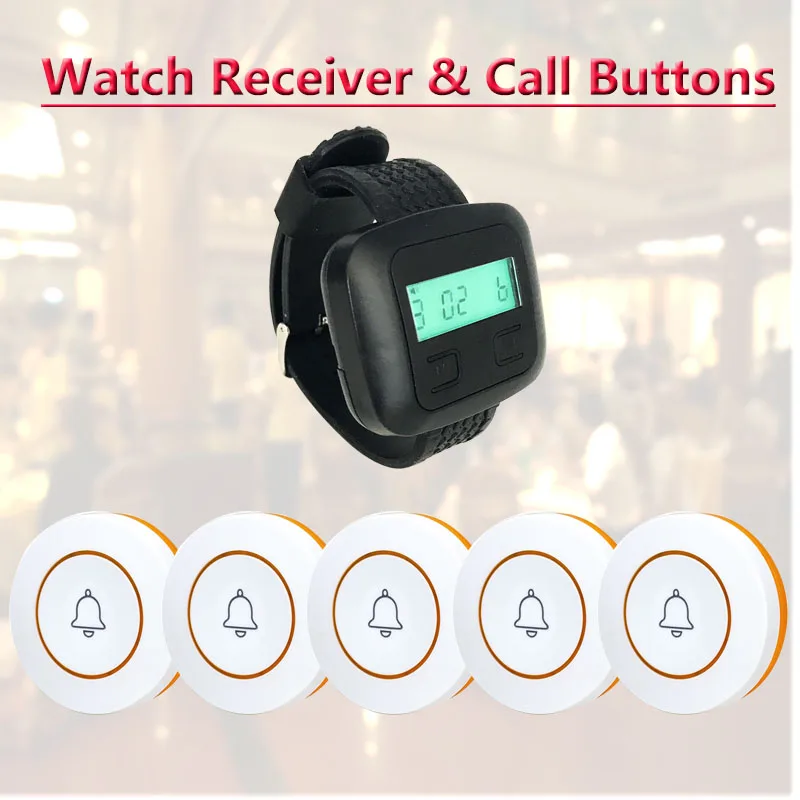 

QWICALL Wireless Restaurant Calling System 5 Table Call Button Transmitters 1 Watch Pager, Restaurant Waiter Service Bell Buzzer