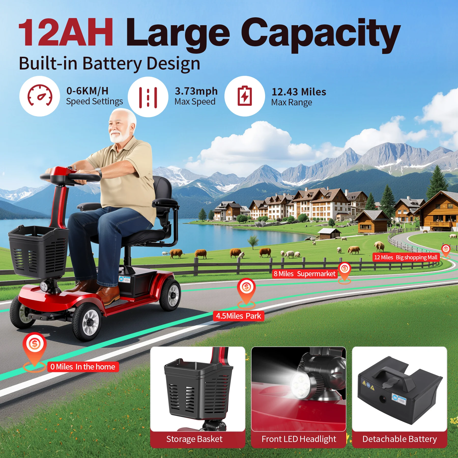 Unificare Red 14AH Foldable 4 Wheel Mobility Scooter Electromagnetic Brake Adjustable Swivel Seat Elderly Outdoor Travel view 5