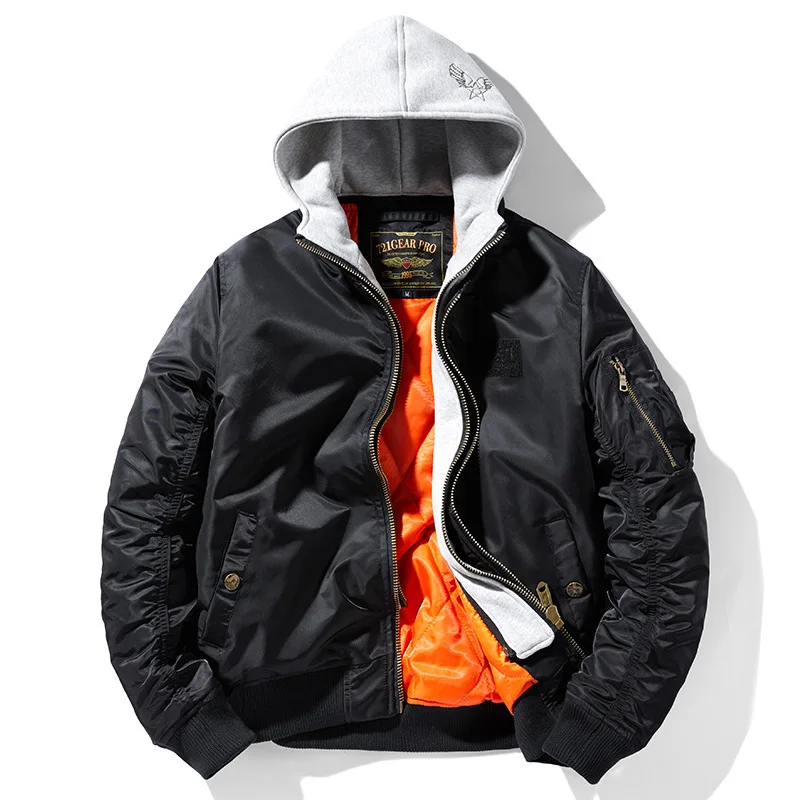 Winter Men Bomber Jacket Thicken Windproof Contrast Color Male Fake Two-piece Coat Long Sleeve Zipper Man Hooded Outerwear