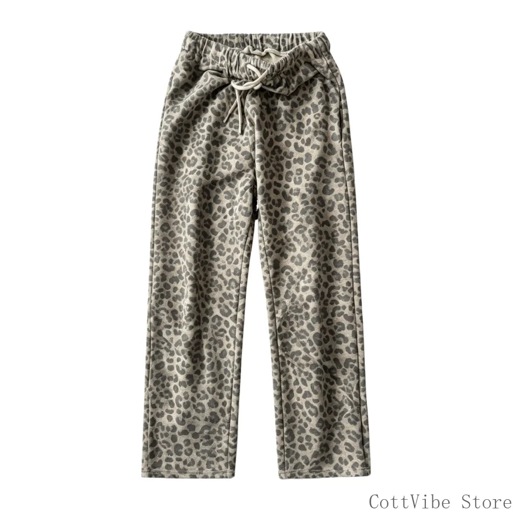 Women American Retro Foggy Y2K Leopard Print Wide Leg Pants Summer Casual Straight Trousers Loose Sports Long Pants For Ladies