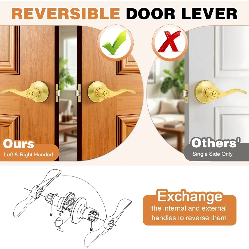 Interior Door Handle Wave Style Privacy Door Lever Gold Bed and Bath Handle Interior Keyless Leverset Lockset, Left/Right Hande