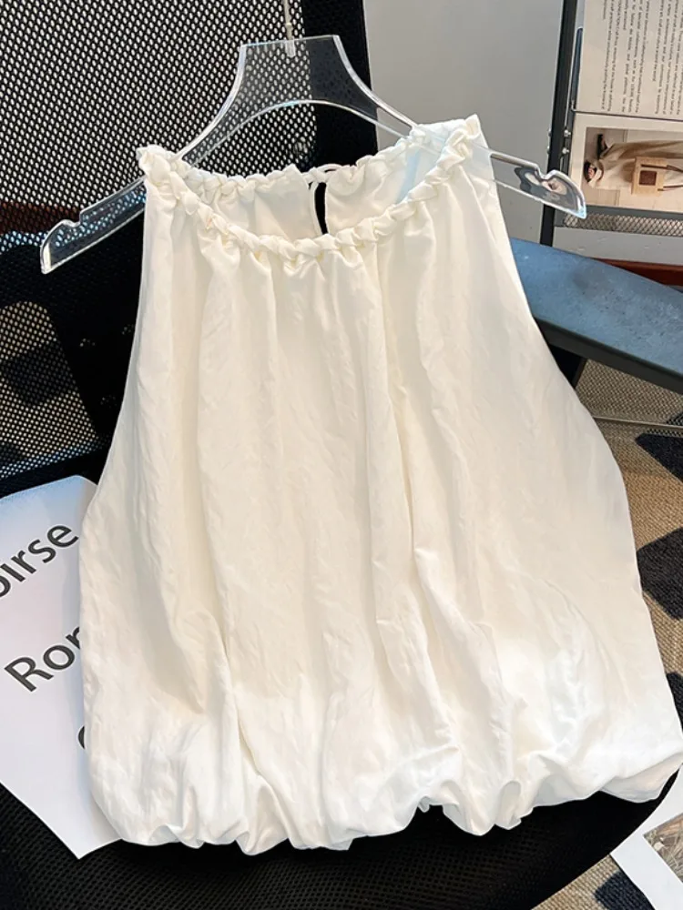 Azul fora do ombro vela colete irt feminino verão solto ort bloomer topo coreano sle commute faion redondo ne vestido