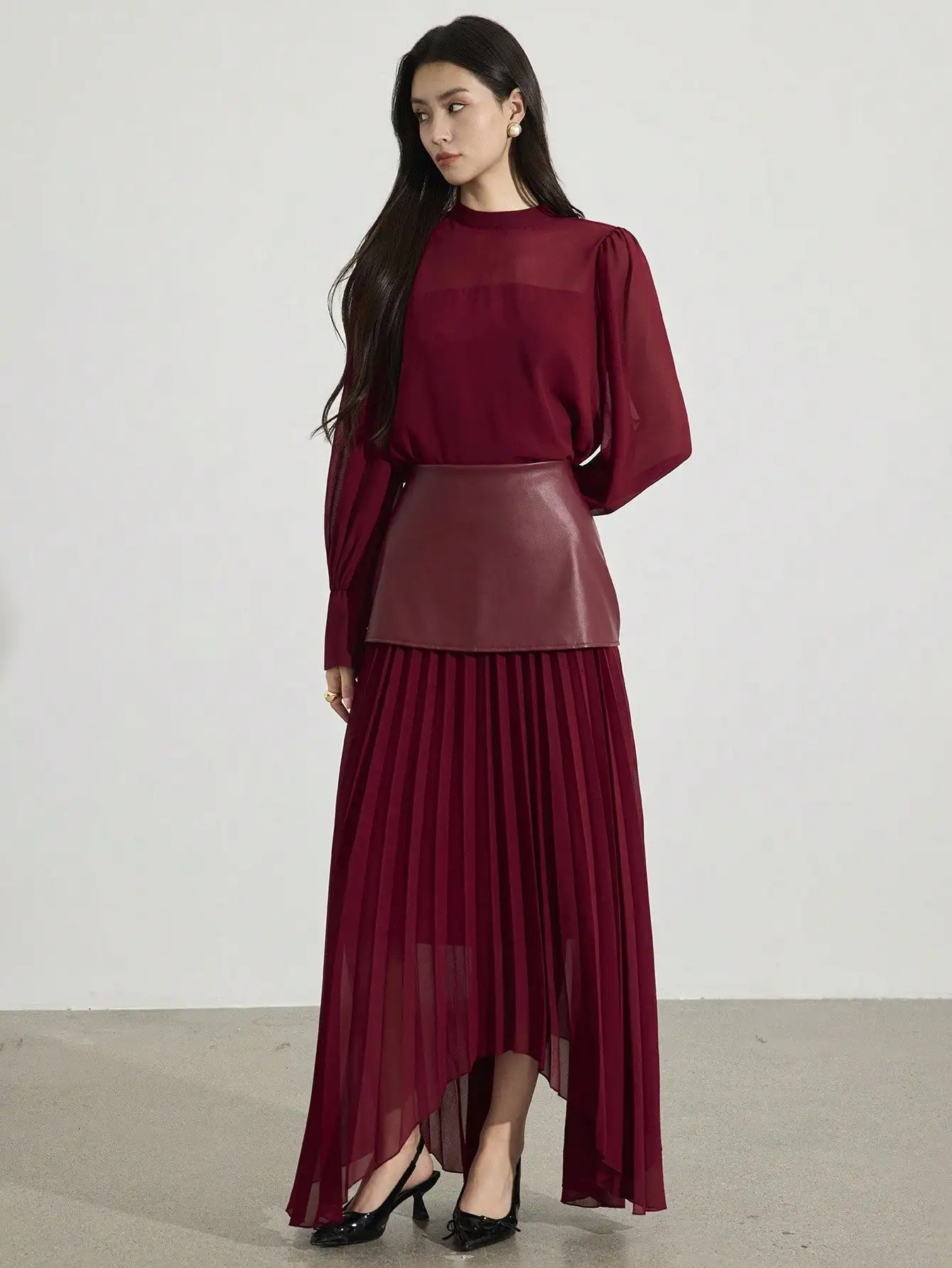 2-delig dames elegante chiffon top met lange mouwen & geplooide rok set, herfststijl