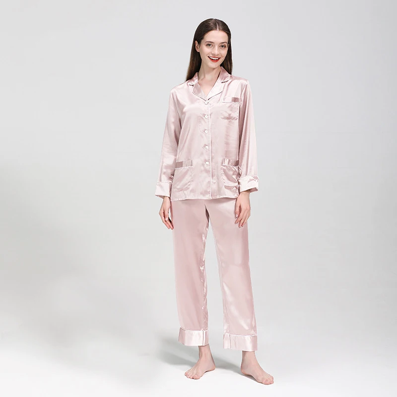 

25 Momme Long Sleeve Basic Silk Pajamas Set With Piping