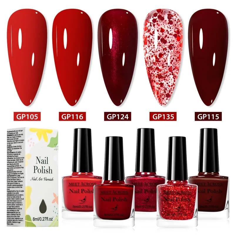 5Pcs/Set 8ml Red Brown Glass Bottle Gel Nail Polish Set NoWipe Top Soak Off UV LED Nail Lacquer Glitter Color Art Nail Polish