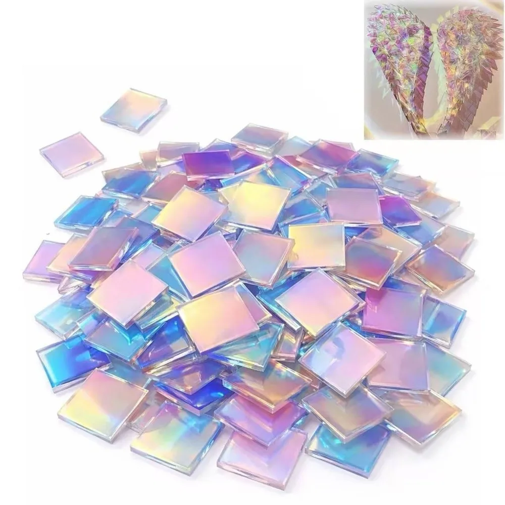 50Pcs Rainbow Radiant Acrylic Sheets Mini Square Iridescent Acrylic DIY Crafts Easy To Paste Holographic Acrylic Home Decoration