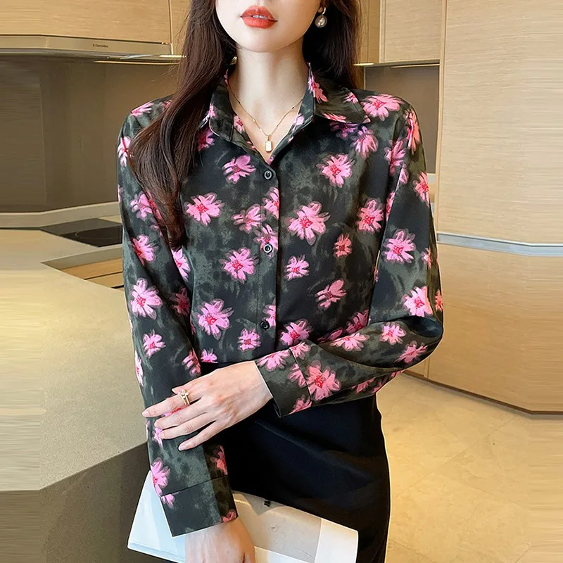 

Women Long Sleeve Casual Shirt New Arrival 2024 Spring Korean Style Floral Print Basics OL Ladies Elegant Tops Shirts W1517