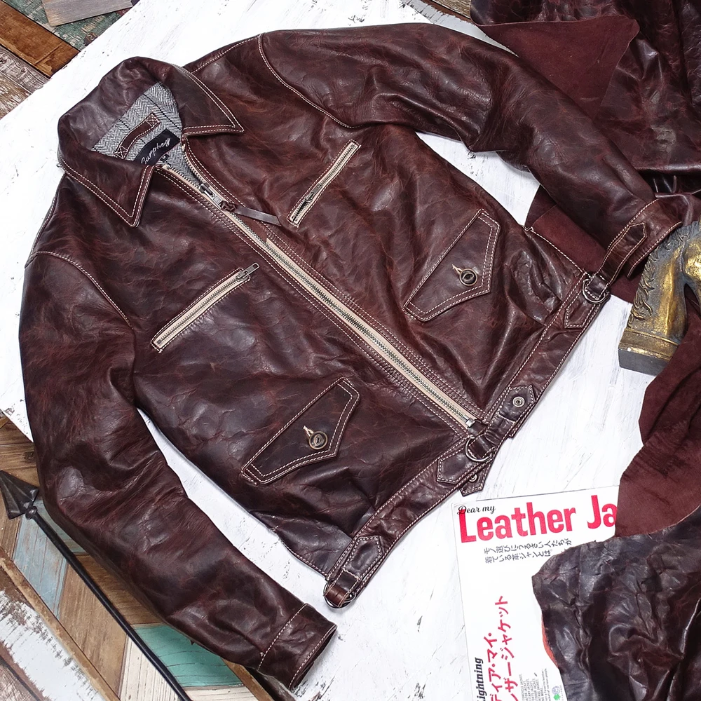 Italian Imported Horsehide Leather Mans Jacket and Coat Bomber Dermis Horseskin Coats With Cobra Tactics Buckle Overcoat Spring