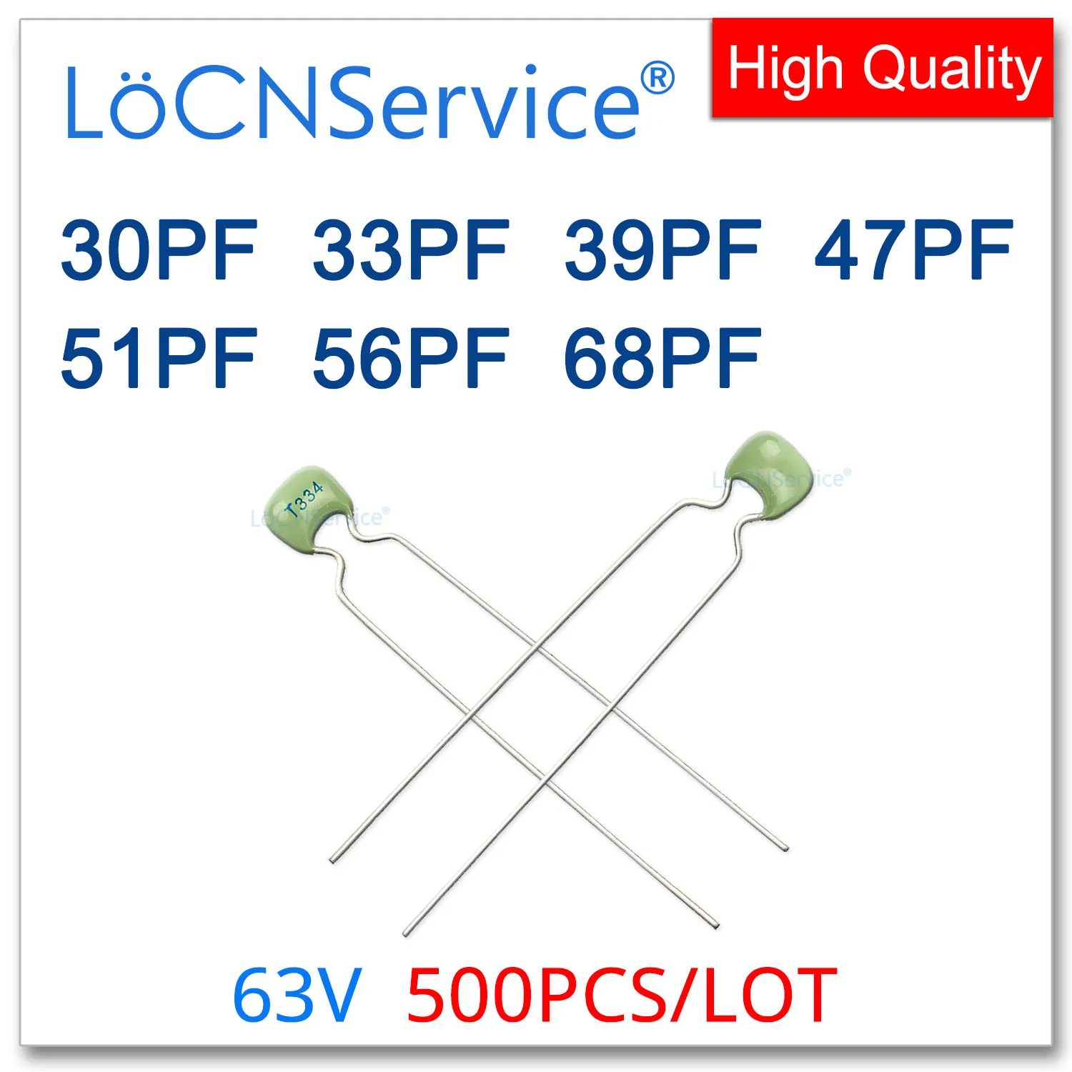 LoCNService 500PCS Green Monolithic Ceramic Capacitor 63V 30PF 33PF 39PF 47PF 51PF 56PF 68PF 300 330 390 470 510 560 680 NPO 5%