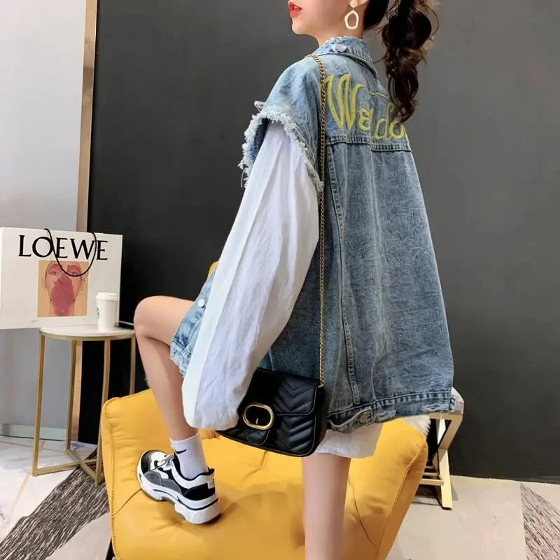 Korean Fashion Sleeveless Denim Jacket Women Vests Female Waistcoat Casual Clothes Outerwear Spring Autumn Letter Jeans Vest