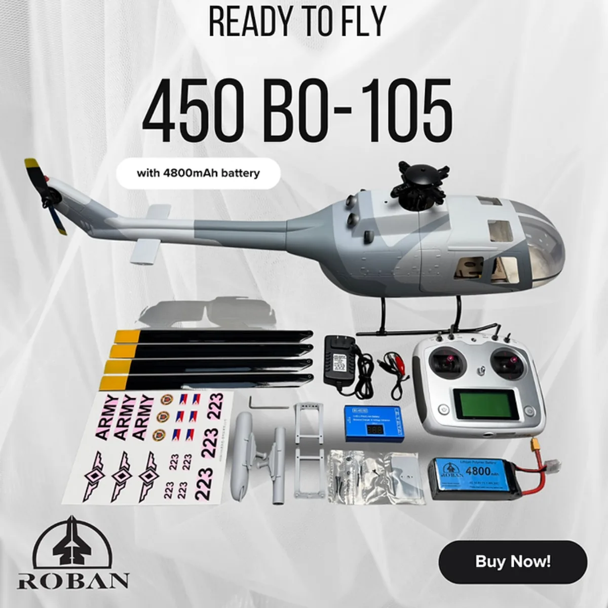 

Радиоуправляемый вертолет Roban 450 Size RTF BO-105, 4 лопасти, модель X2