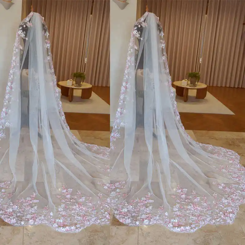 

Colorful Flowers Wedding Veils Lace Applique Veil With Comb One-Layer 3M Long Cathedral Wedding Accessories Custom Made