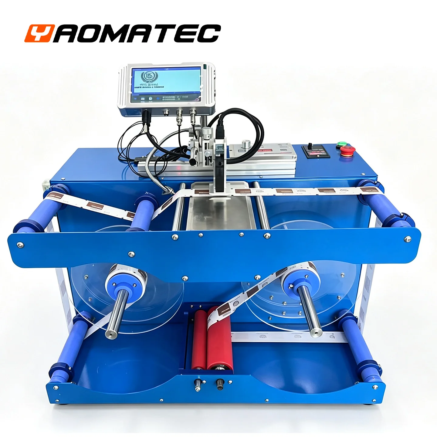 YAOMATEC automatic label rewinding and coding integrated machine supports the printing of batch numbers, QR codes and expir