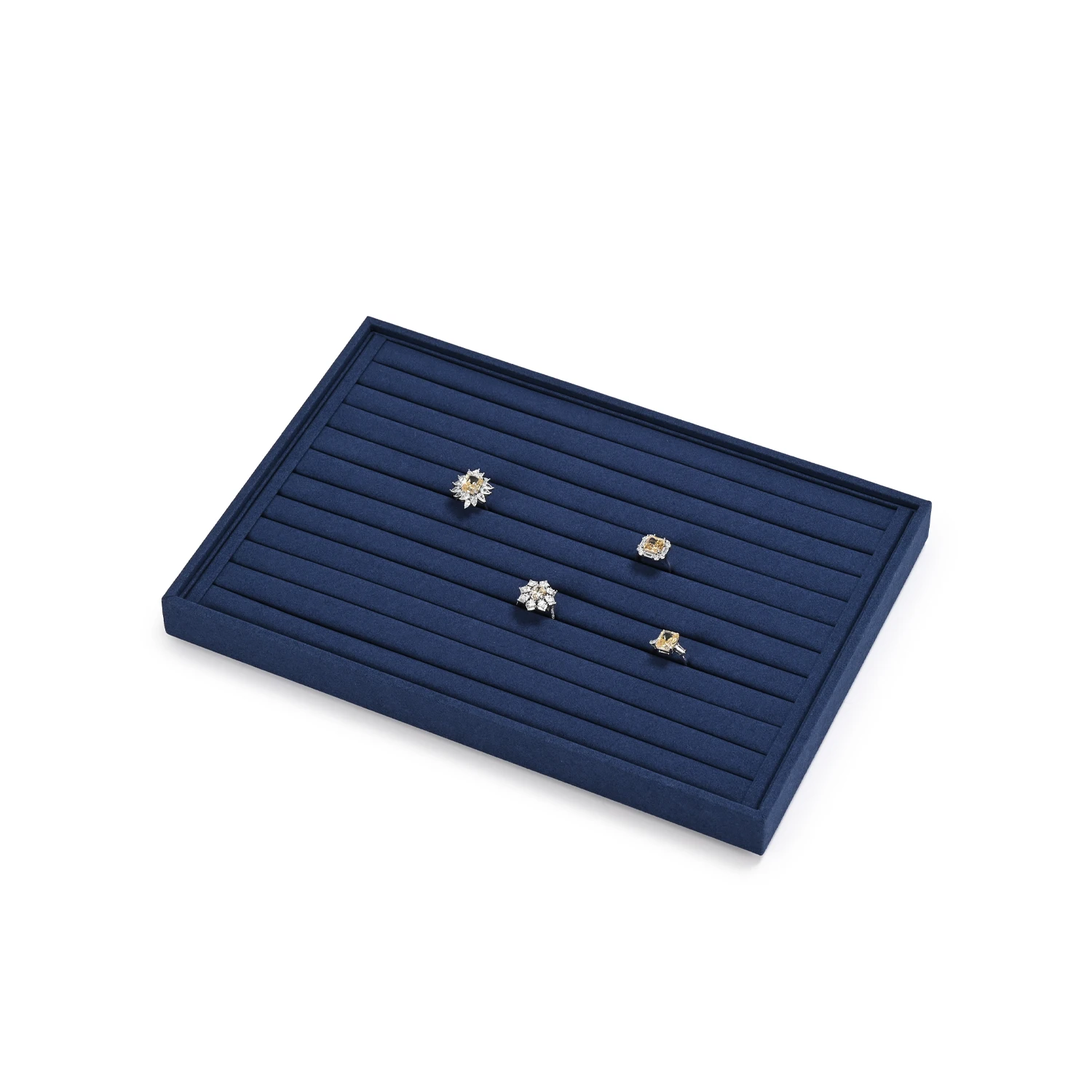 Oirlv Navy Blue Velvet Ring and Earring Storage Display Tray - Multi - Slot Organizer with Grooved Design for Jewelry Showcase