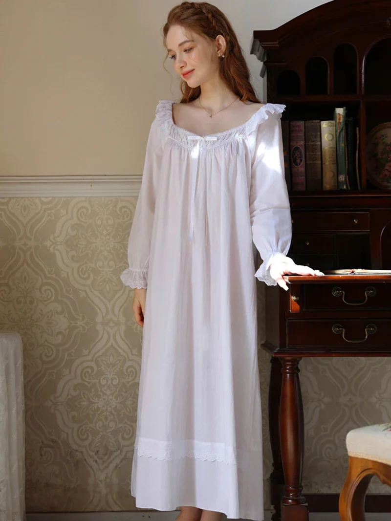 Female French Spring Cotton Pajamas Ruffles Fairy Nightdress Sleepwear Sexy Sweet Victorian Princess Home Clothes for Women