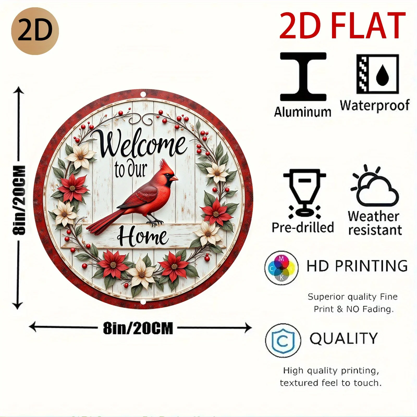 2D Plane Circular Welcome Sign with Cardinal Bird Floral Design Rustic Country Home Wall Decor