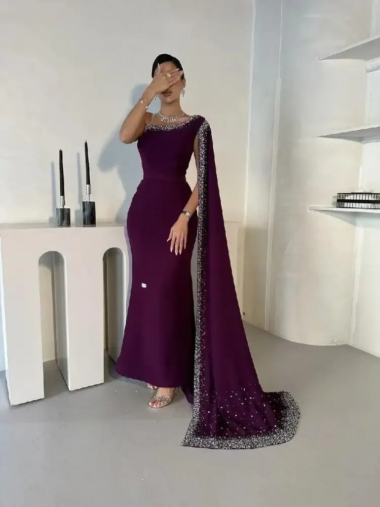 

Arabia Luxury Deep Purple One-Shoulder Evening Dresses Crystal Beaded Mermaid Cape Trailing Hem Prom Gala Red Carpet Dresses