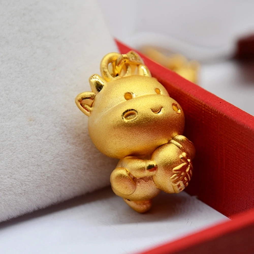 Real Pure 999 24K Yellow Gold Men Women Lucky 3D Cute Zodiac Cow Fu Bag Pendant 1.8g