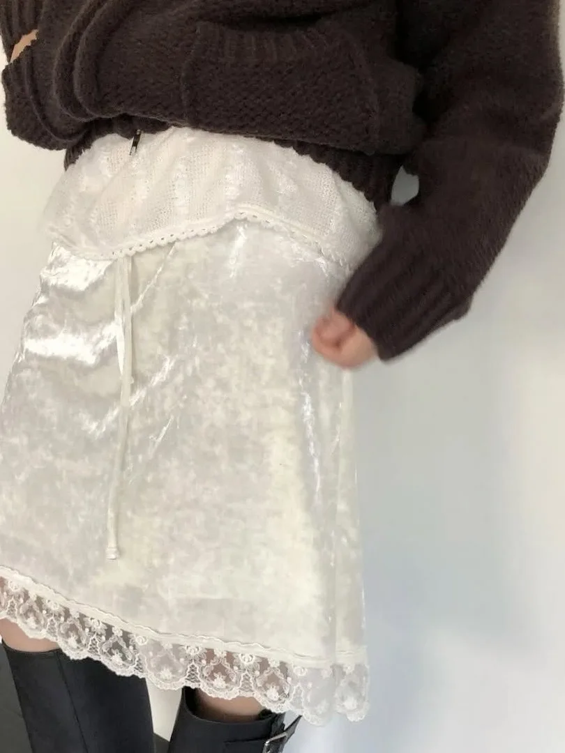 Elegant Lace A-Line  Skirt Women's High Waist Velvet Patchwork Spring New Style Chic Loose Feel City Commute Skirt