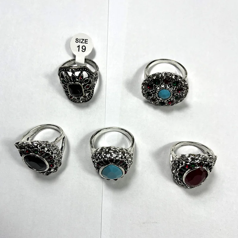 10Pcs Fashion Vintage Multicolor Stone Silver Plated Ring Tibetan Silver Retro Rings For Women Jewelry Bulks Rings Lots LR4214