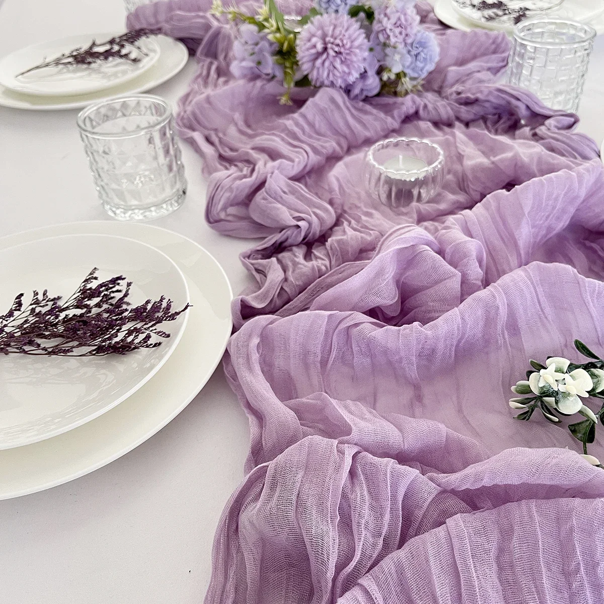 5PCS Purple Semi-Sheer Gauze Wedding Table Runner Vintage Cheesecloth Dining Christmas Party Banquets Arches Cake Table Decor