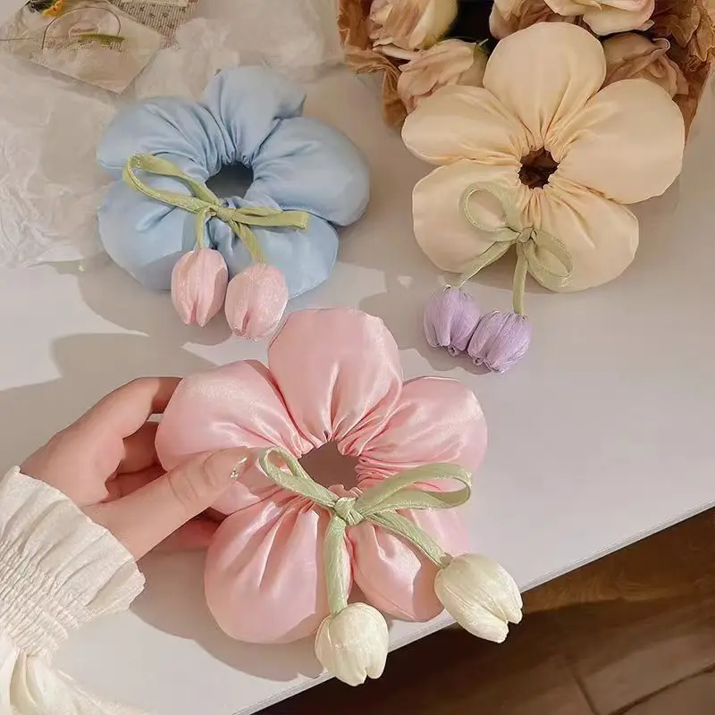

Spring Essentials Fabric Large Flower Hair Rope for Woman Fashion Bow Tassel Tulip Hair Ties Cute Girl Does Not Hurt The Hair
