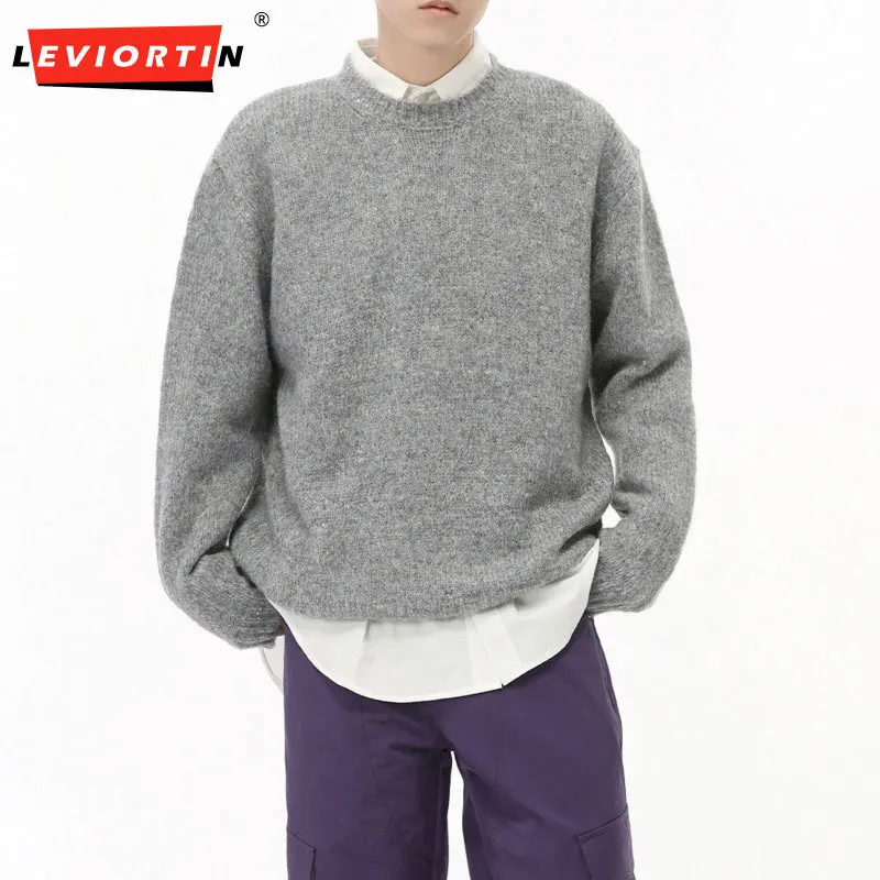 LEVIORTIN Men's Sweater Knitting Round Collar Solid Color Loose Menwear Pullover Casual Male Tops Korean Style Autumn 2024