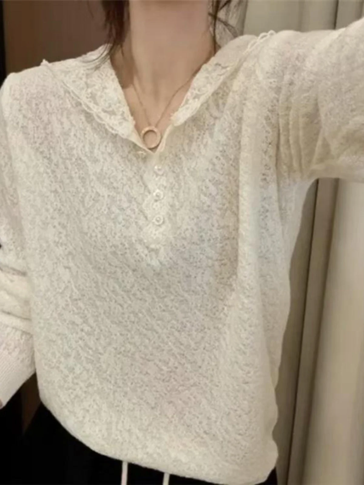 

plus Size Lace Embroidered Long Sleeve Knitted Top Women's Spring Early Season Korean Style Inner Slimming Base Shirt