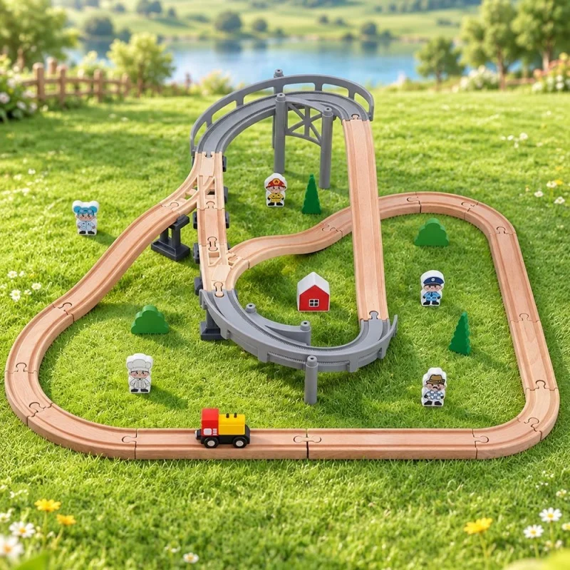 DIY Plastic Multi-Layer Spiral Track Slide Bridge Wooden Train Track set Railroad Toys Suitable Wooden Track Toys Halloween gift