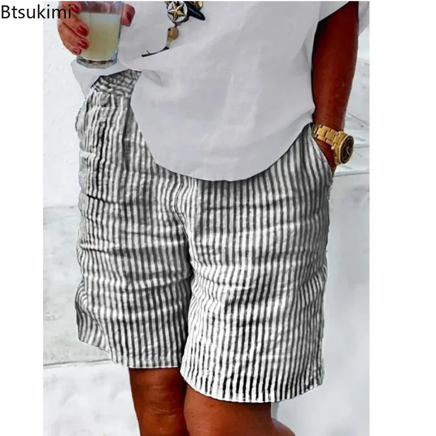 Oversized Summer Casual Shorts for Women Fashion Striped Loose Breathable Cotton Linen Short Pants Ladies Daily Straight Shorts