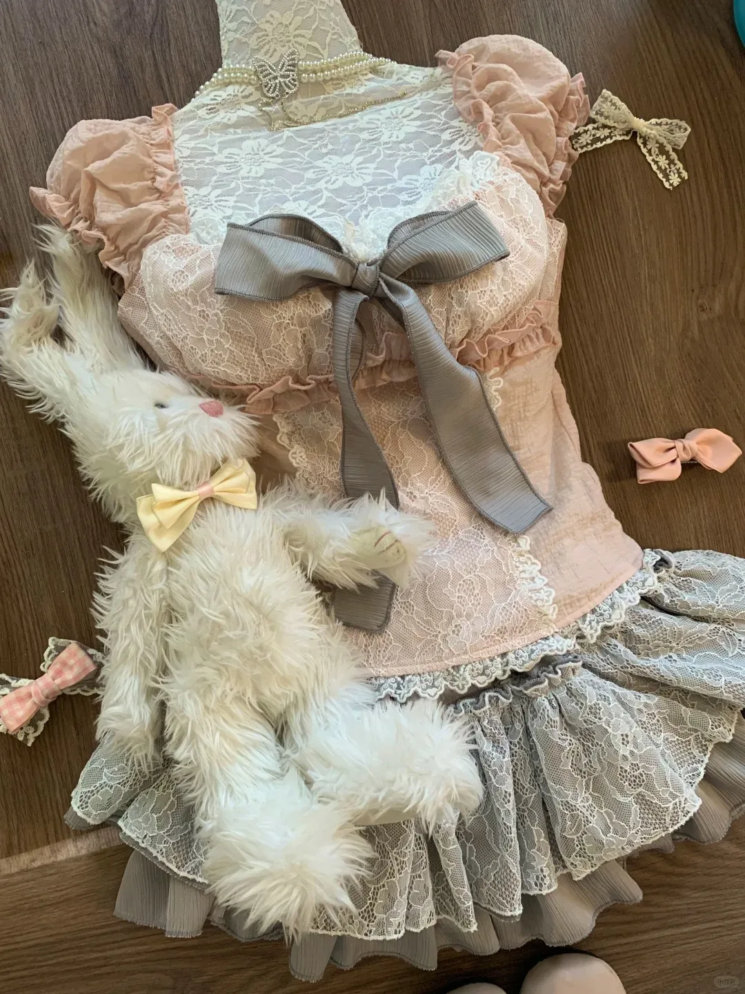 Japanese Sweet Kawaii Lolita Elegant 2 Piece Set Women Y2k Lace Design Mini Skirt Suit Female Princess Sweet Chic Outfits Summer