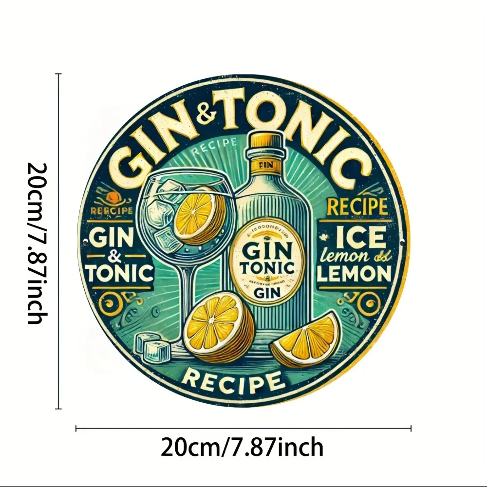Round aluminum metal sign,vintage wall plaque, home bar decor, gin tonic recipe lemon ice cocktail retro aged wall ornament gift